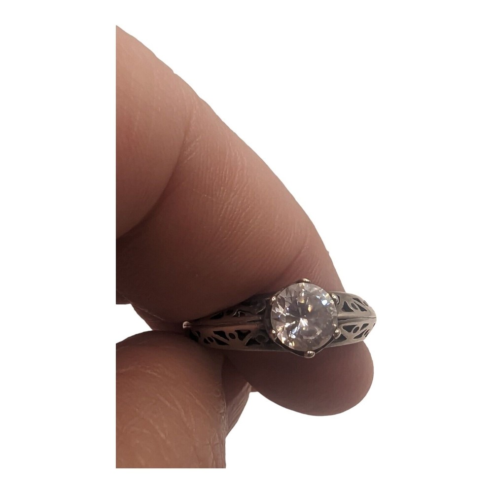 Art Deco Style Sterling Silver  Cubic Zirconia Solitaire Filigree Ring Size 6.75 - Picture 9 of 11